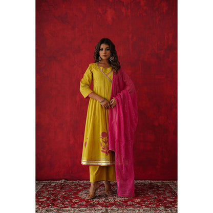 GANGA GRACE Women Cotton Embroidered Yellow Angrakha Kurta with Pant and Dupatta