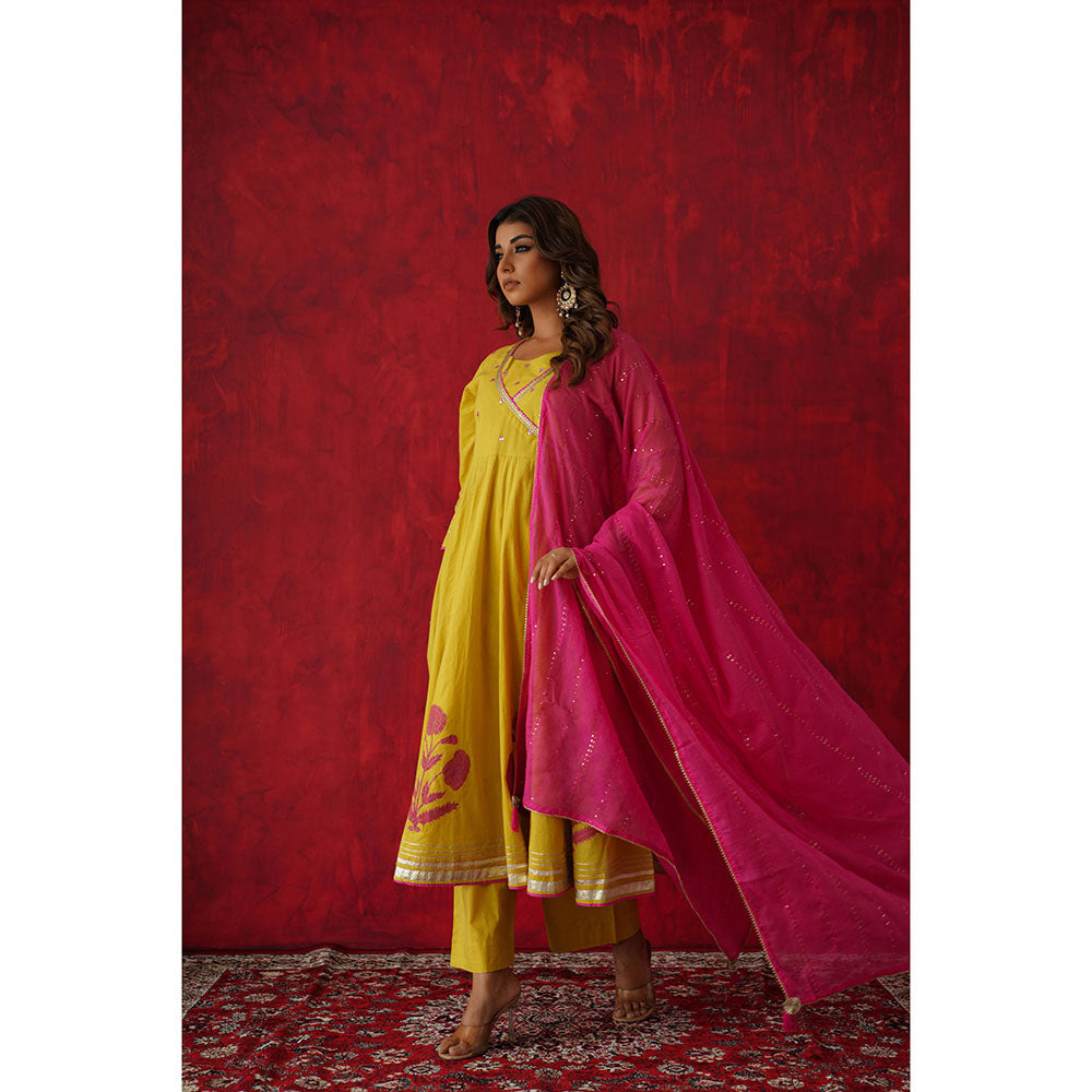GANGA GRACE Women Cotton Embroidered Yellow Angrakha Kurta with Pant and Dupatta