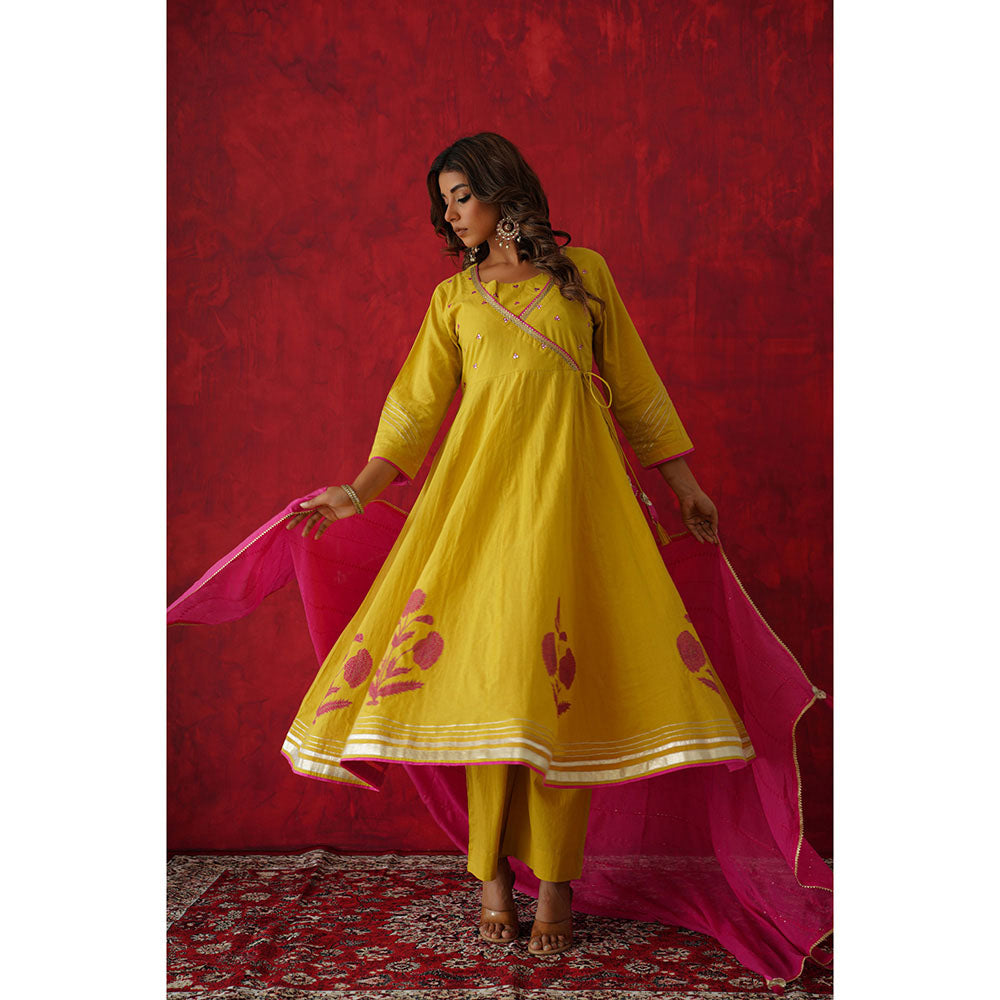 GANGA GRACE Women Cotton Embroidered Yellow Angrakha Kurta with Pant and Dupatta