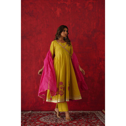 GANGA GRACE Women Cotton Embroidered Yellow Angrakha Kurta with Pant and Dupatta