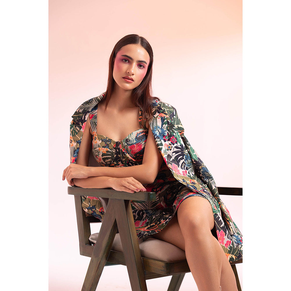 Gazab By Miku Kumar Multi-Colour Parc Floral Paris Mini Dress with Jacket (Set of 2)