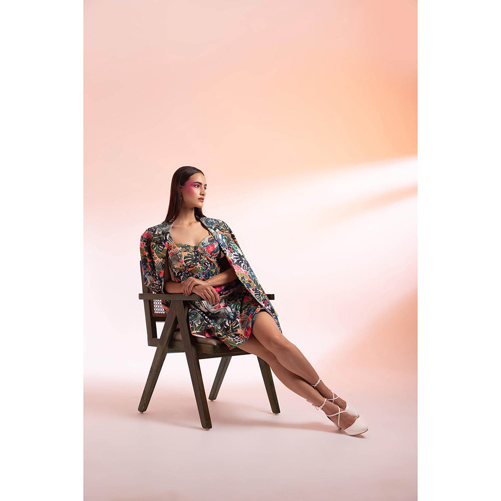 Gazab By Miku Kumar Multi-Colour Parc Floral Paris Mini Dress with Jacket (Set of 2)