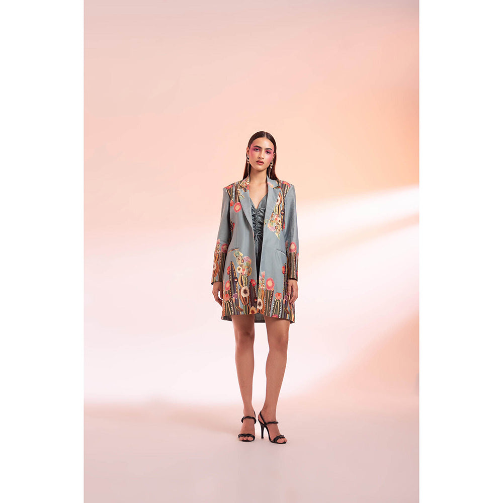 Gazab By Miku Kumar Grey Les Succulents Paris Mini Dress with Blazer (Set of 2)