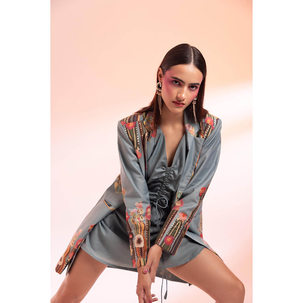 Gazab By Miku Kumar Grey Les Succulents Paris Mini Dress with Blazer (Set of 2)