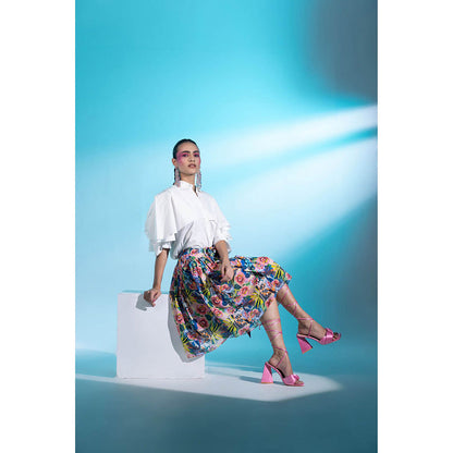 Gazab By Miku Kumar White Jardin Joy Skirt with Shirt (Set of 2)