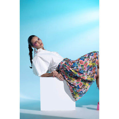 Gazab By Miku Kumar White Jardin Joy Skirt with Shirt (Set of 2)