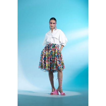 Gazab By Miku Kumar White Jardin Joy Skirt with Shirt (Set of 2)