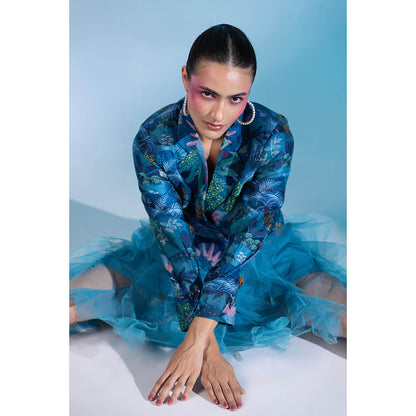 Gazab By Miku Kumar Blue Poetic Pantheon Paris Skirt with Short Blazer (Set of 2)