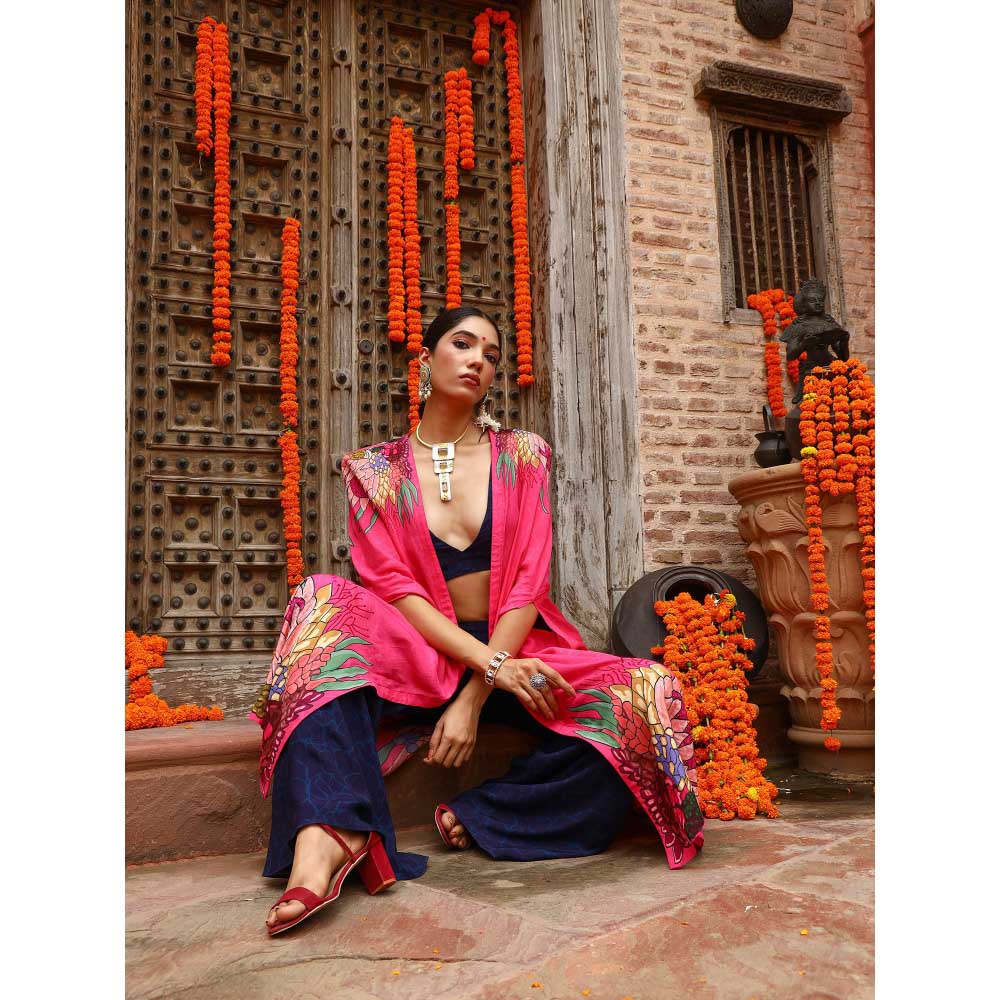 Gazab By Miku Kumar Blue Zuhi Palazzo with Bralette and Cape (Set of 3)