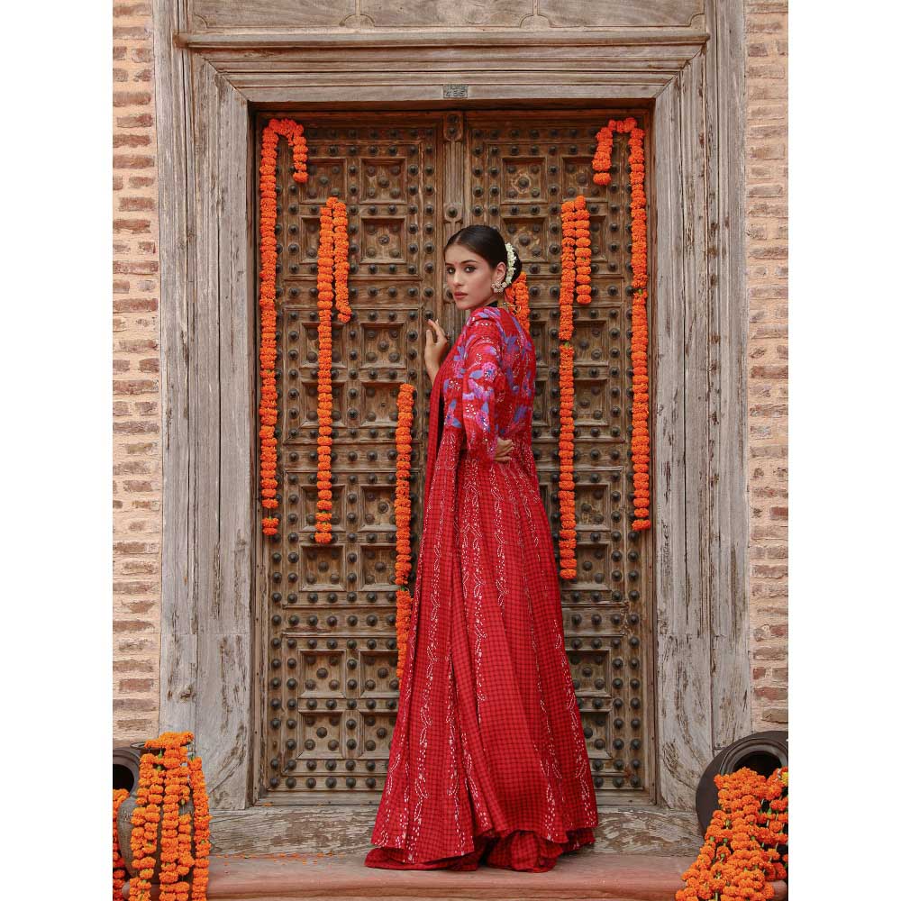 Gazab By Miku Kumar Red Elsa Drape Palazzo with Cape and Blouse (Set of 3)