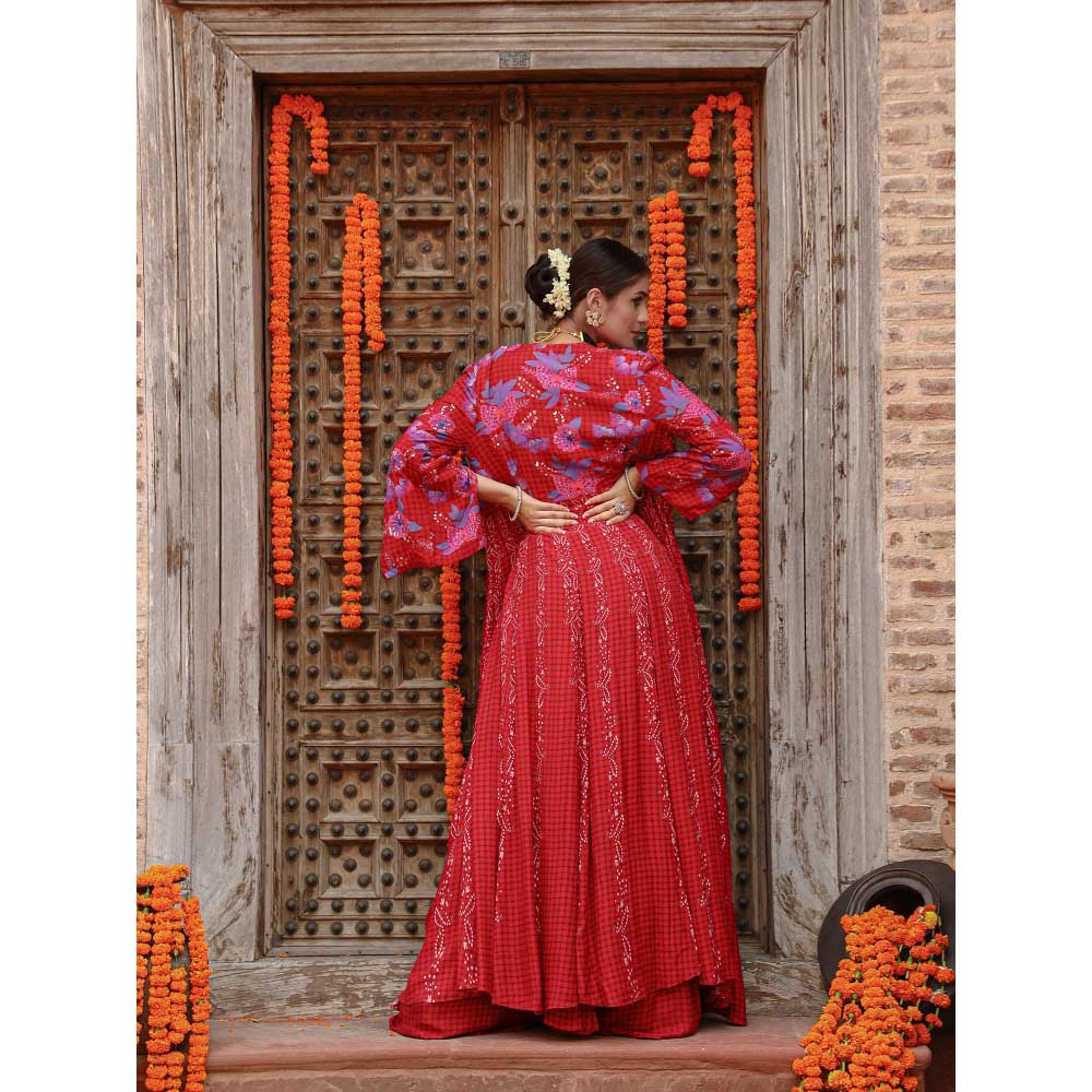 Gazab By Miku Kumar Red Elsa Drape Palazzo with Cape and Blouse (Set of 3)