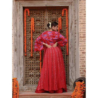 Gazab By Miku Kumar Red Elsa Drape Palazzo with Cape and Blouse (Set of 3)