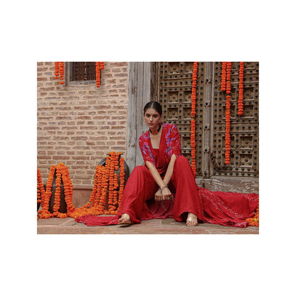 Gazab By Miku Kumar Red Elsa Drape Palazzo with Cape and Blouse (Set of 3)