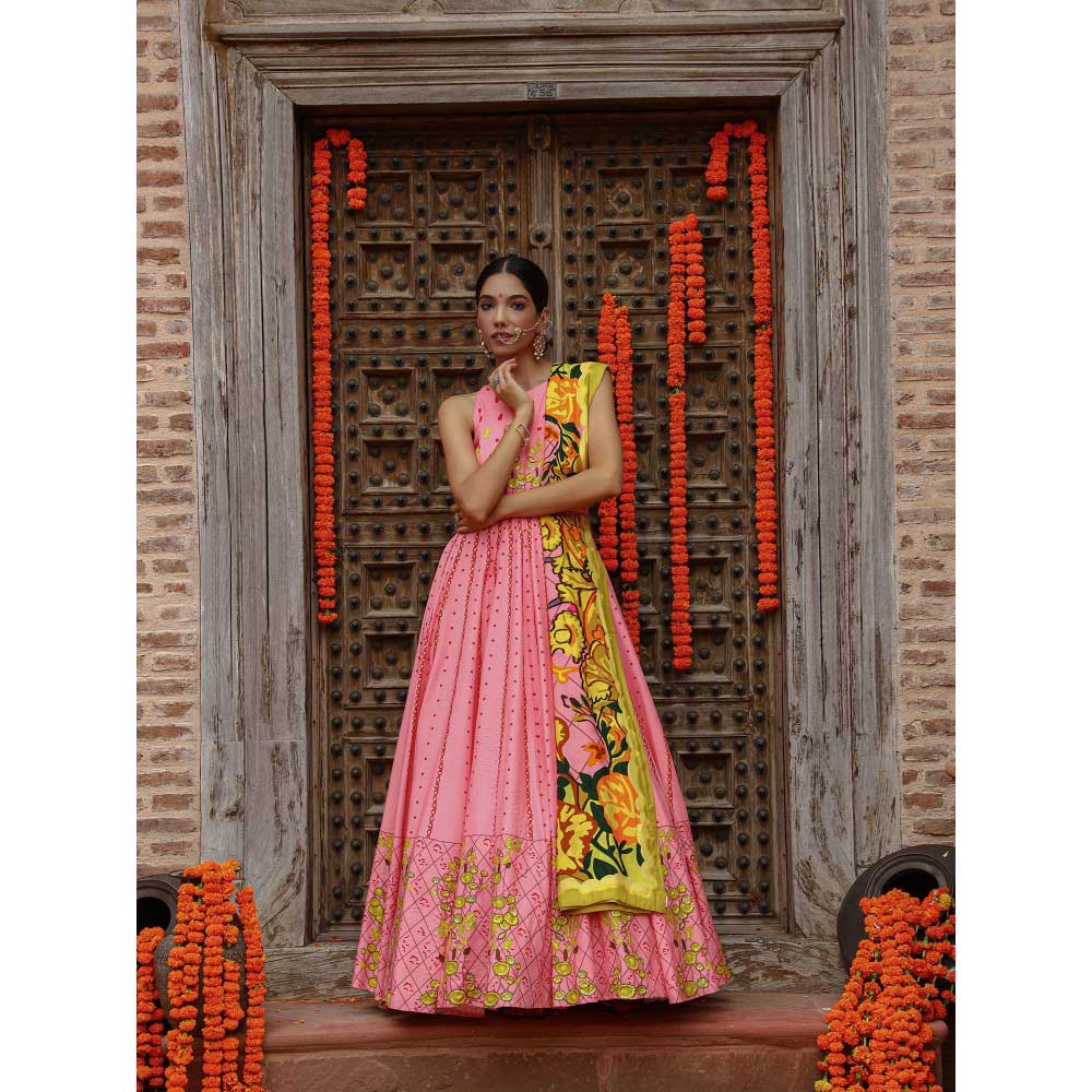 Gazab By Miku Kumar Pink Kaira Anarkali with Dupatta and Belt (Set of 3)