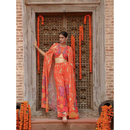Gazab By Miku Kumar Orange Keya Palazzo with Cape and Blouse (Set of 3)