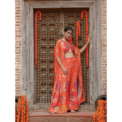 Gazab By Miku Kumar Orange Keya Palazzo with Cape and Blouse (Set of 3)