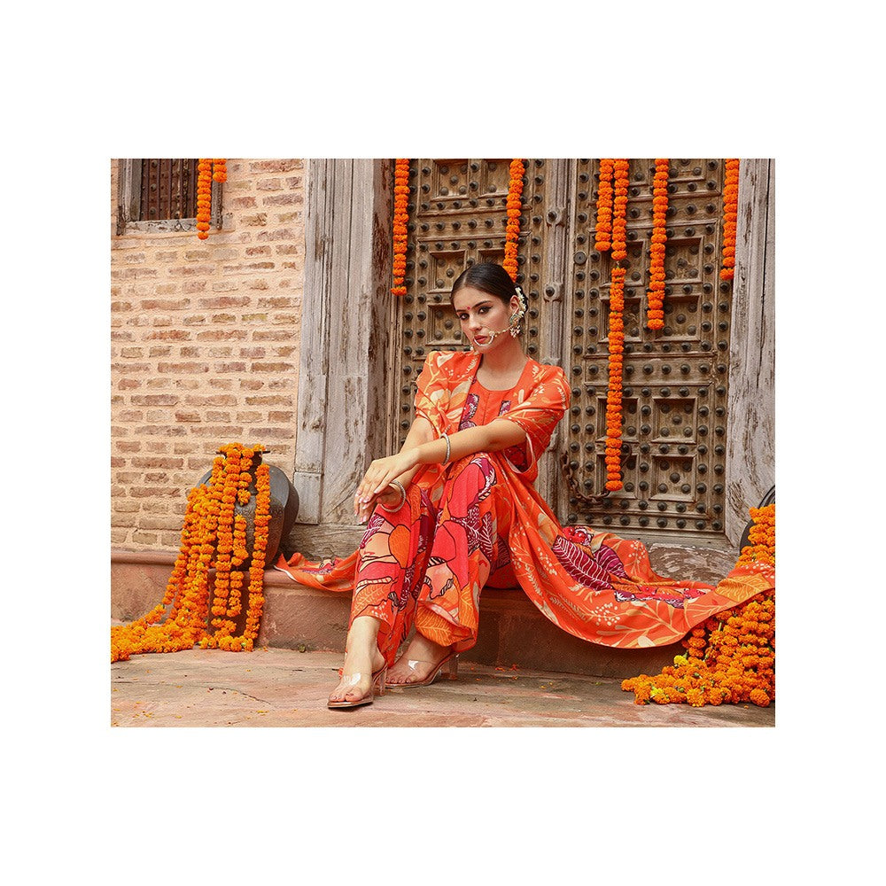 Gazab By Miku Kumar Orange Keya Palazzo with Cape and Blouse (Set of 3)