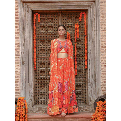 Gazab By Miku Kumar Orange Keya Palazzo with Cape and Blouse (Set of 3)