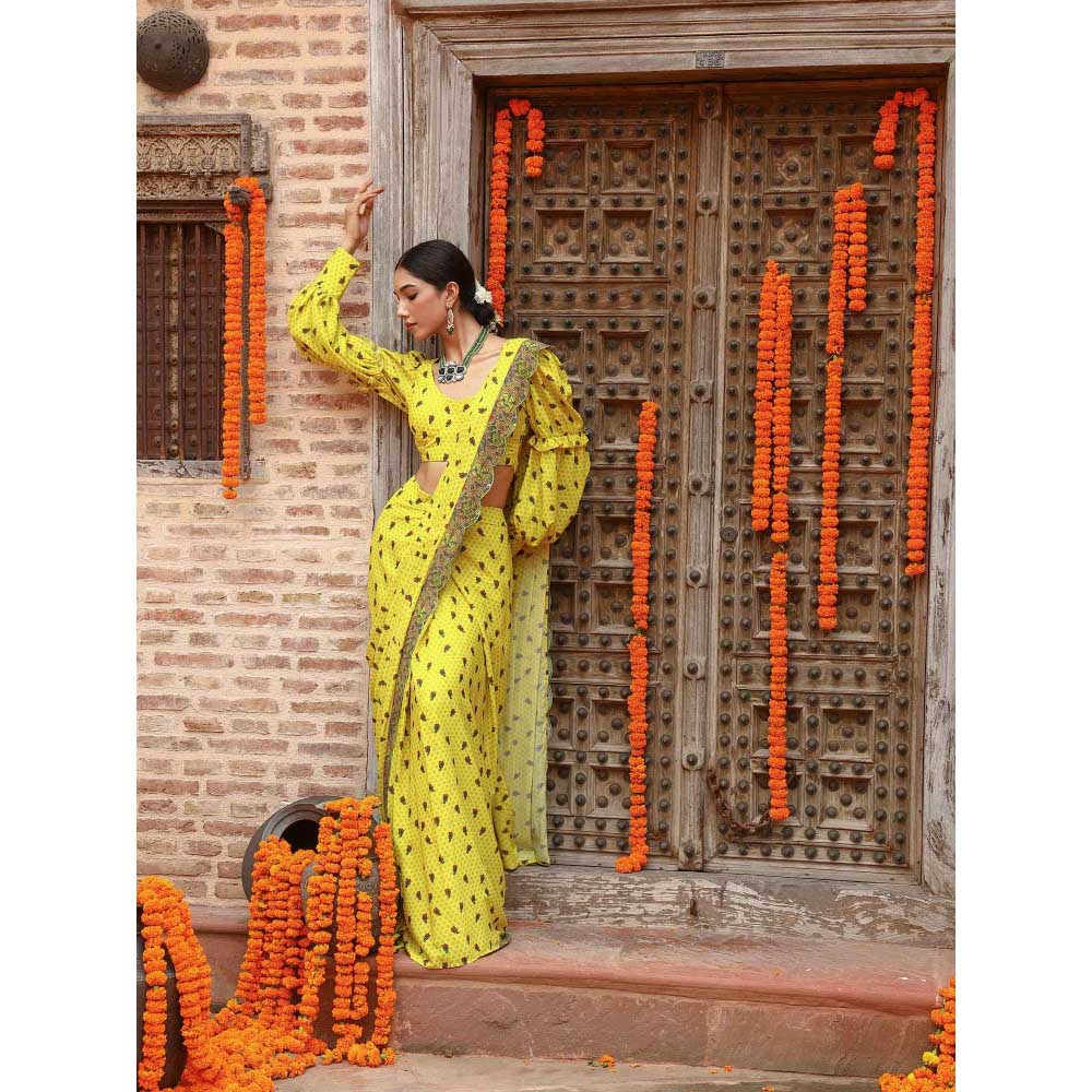 Gazab By Miku Kumar Yellow Tiana Drape Saree with Stitched Blouse
