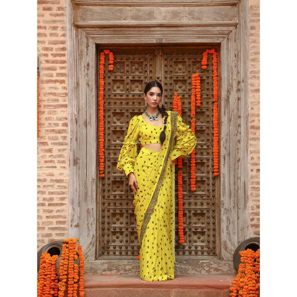 Gazab By Miku Kumar Yellow Tiana Drape Saree with Stitched Blouse