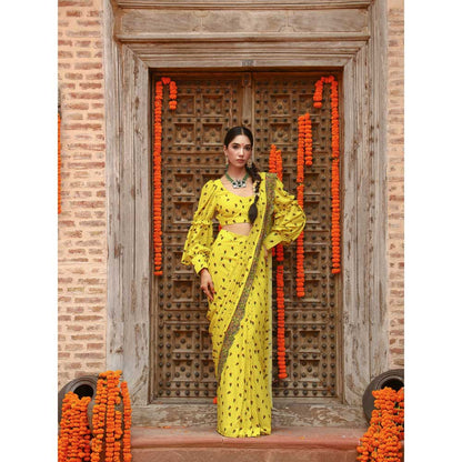 Gazab By Miku Kumar Yellow Tiana Drape Saree with Stitched Blouse