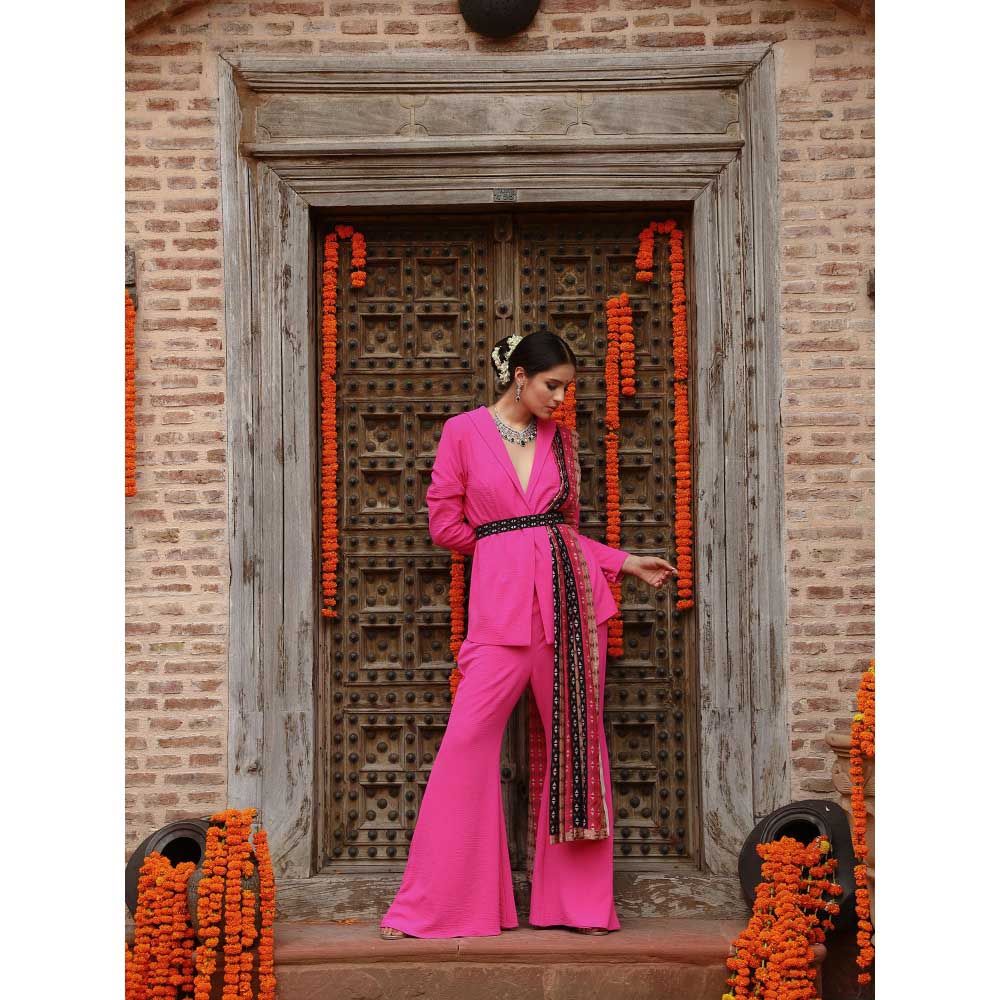 Gazab By Miku Kumar Pink Zara Jacket with Sharara, Dupatta and Belt (Set of 4)