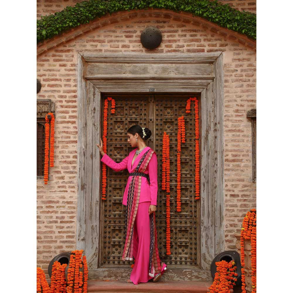 Gazab By Miku Kumar Pink Zara Jacket with Sharara, Dupatta and Belt (Set of 4)