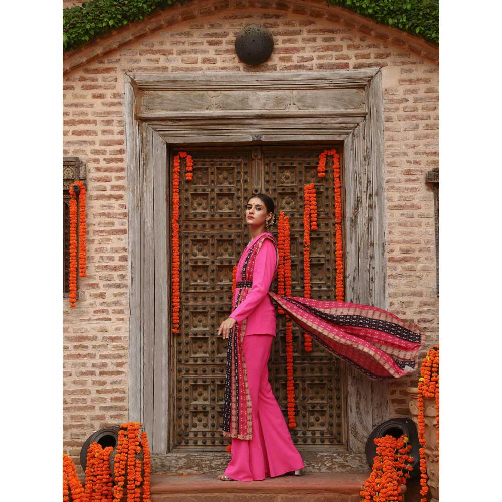 Gazab By Miku Kumar Pink Zara Jacket with Sharara, Dupatta and Belt (Set of 4)