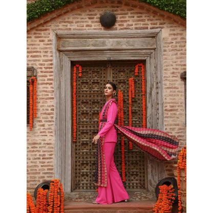 Gazab By Miku Kumar Pink Zara Jacket with Sharara, Dupatta and Belt (Set of 4)