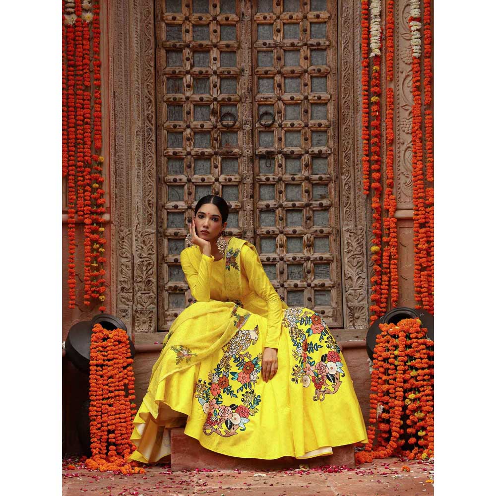Gazab By Miku Kumar Yellow Sabia Drape Anarkali with Belt (Set of 2)