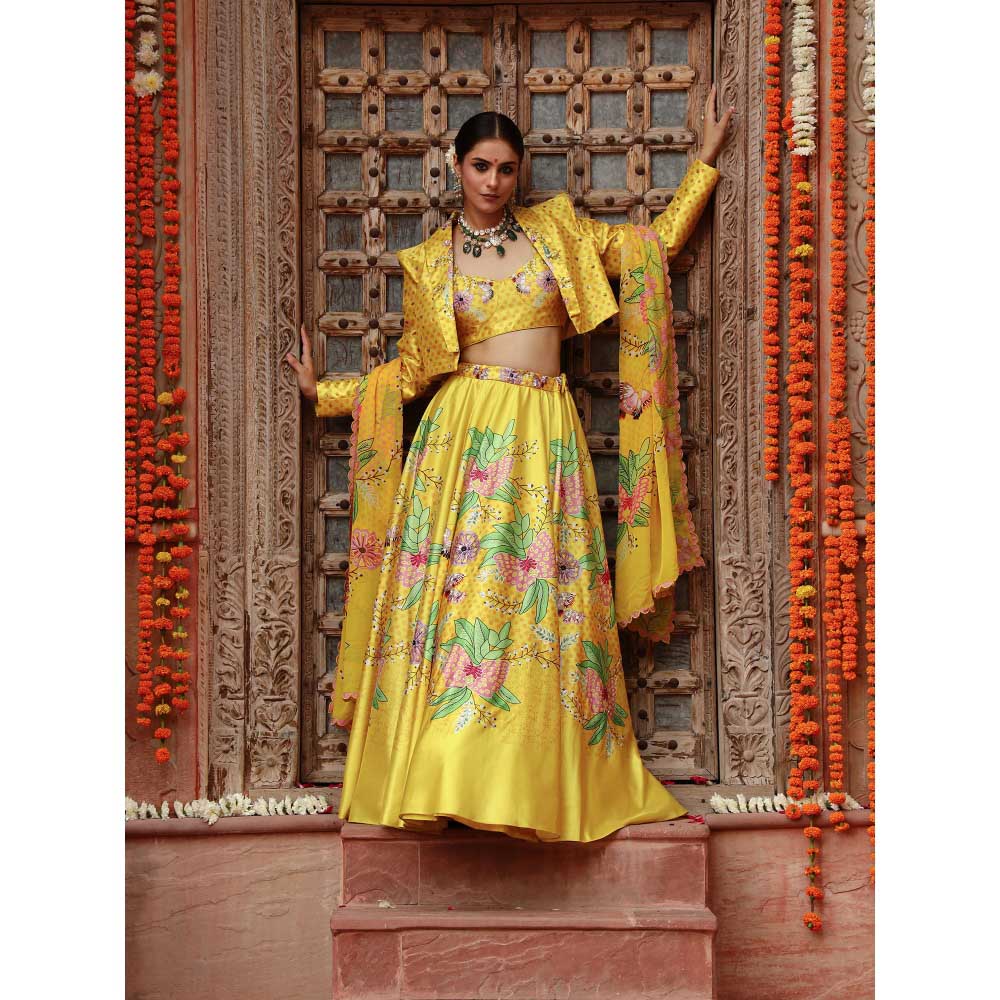 Gazab By Miku Kumar Yellow Roma Jacket with Lehenga, Blouse and Dupatta (Set of 4)