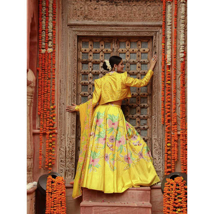Gazab By Miku Kumar Yellow Roma Jacket with Lehenga, Blouse and Dupatta (Set of 4)
