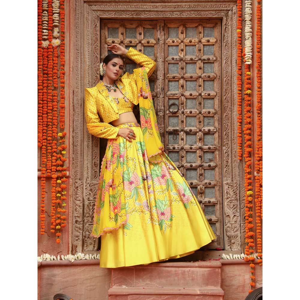 Gazab By Miku Kumar Yellow Roma Jacket with Lehenga, Blouse and Dupatta (Set of 4)
