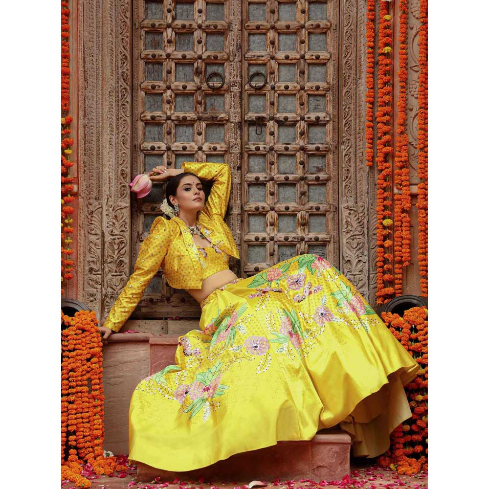 Gazab By Miku Kumar Yellow Roma Jacket with Lehenga, Blouse and Dupatta (Set of 4)