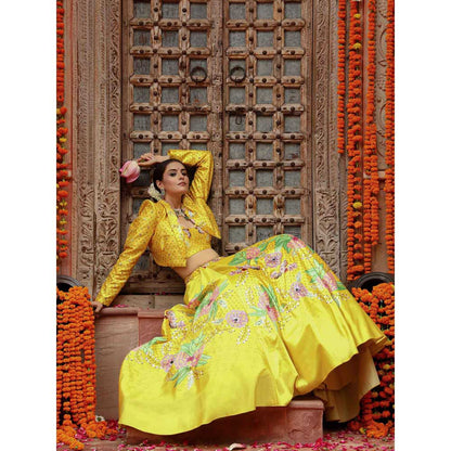 Gazab By Miku Kumar Yellow Roma Jacket with Lehenga, Blouse and Dupatta (Set of 4)