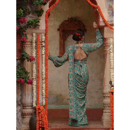 Gazab By Miku Kumar Green Magnolia Saree with Stitched Blouse and Belt