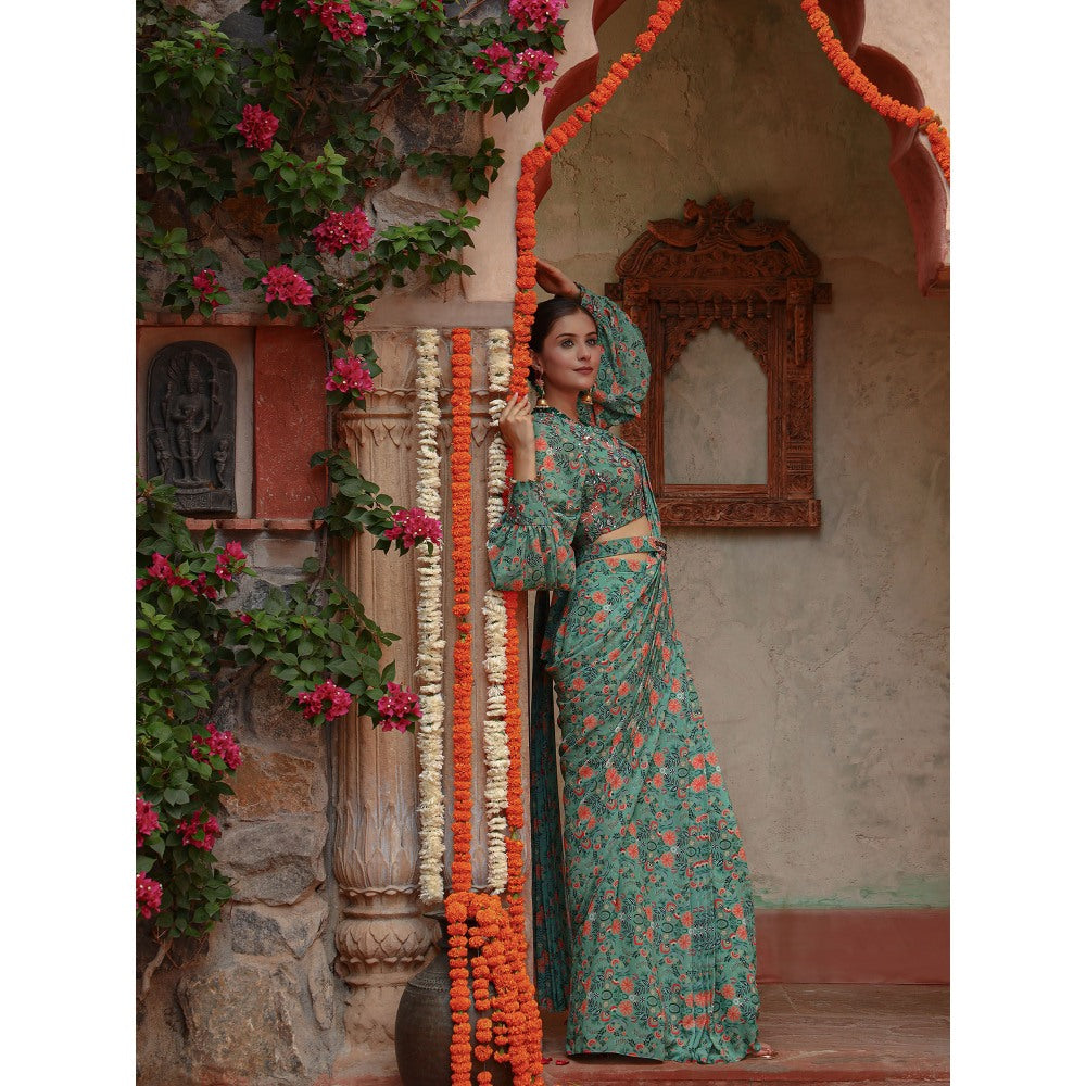 Gazab By Miku Kumar Green Magnolia Saree with Stitched Blouse and Belt