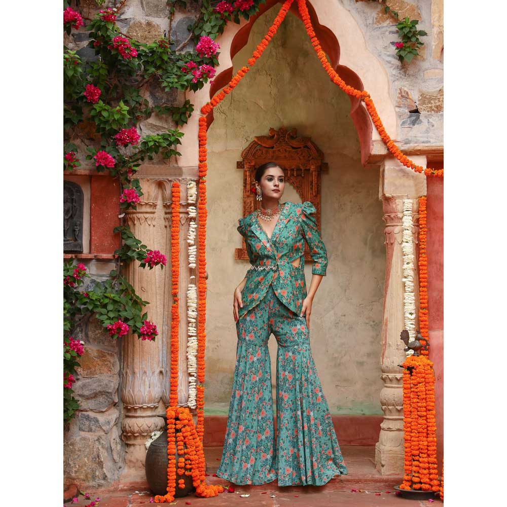 Gazab By Miku Kumar Green Iris Sharara with Jacket (Set of 2)