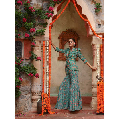 Gazab By Miku Kumar Green Iris Sharara with Jacket (Set of 2)