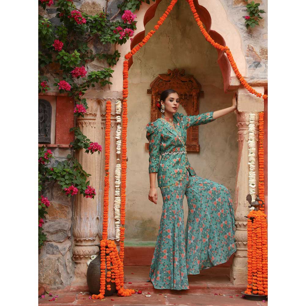 Gazab By Miku Kumar Green Iris Sharara with Jacket (Set of 2)