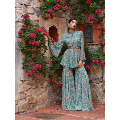 Gazab By Miku Kumar Green Peony Sharara with Top and Belt (Set of 3)