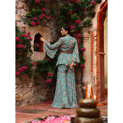Gazab By Miku Kumar Green Peony Sharara with Top and Belt (Set of 3)