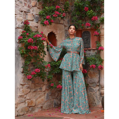 Gazab By Miku Kumar Green Peony Sharara with Top and Belt (Set of 3)