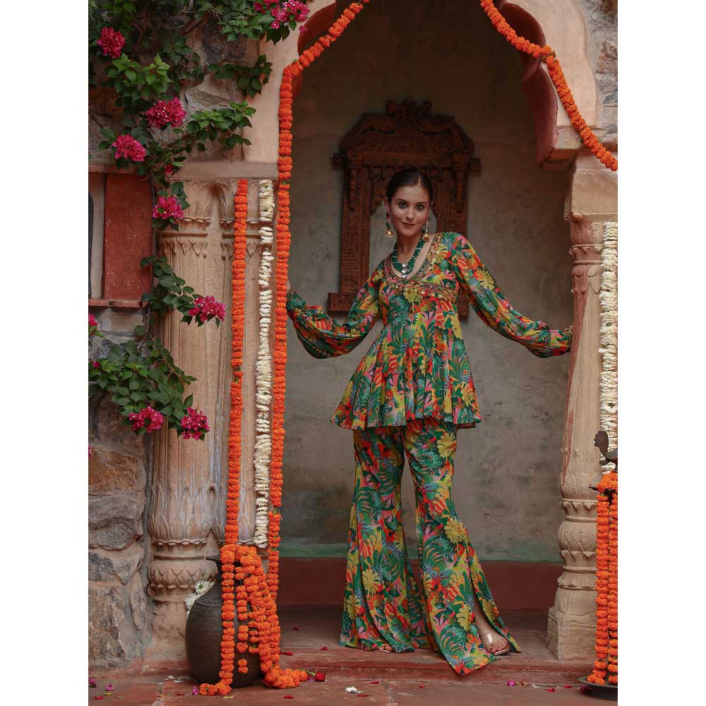 Gazab By Miku Kumar Green Zinnia Peplum Top with Pant (Set of 2)