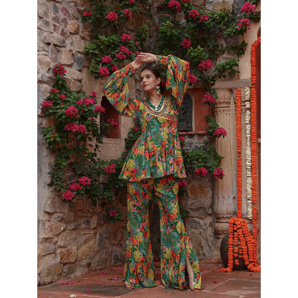 Gazab By Miku Kumar Green Zinnia Peplum Top with Pant (Set of 2)