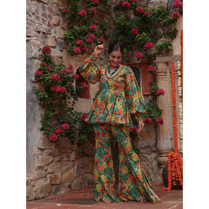 Gazab By Miku Kumar Green Zinnia Peplum Top with Pant (Set of 2)