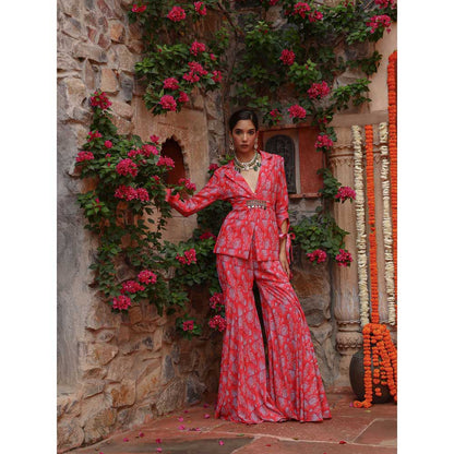 Gazab By Miku Kumar Red Carnation Sharara with Jacket and Belt (Set of 3)