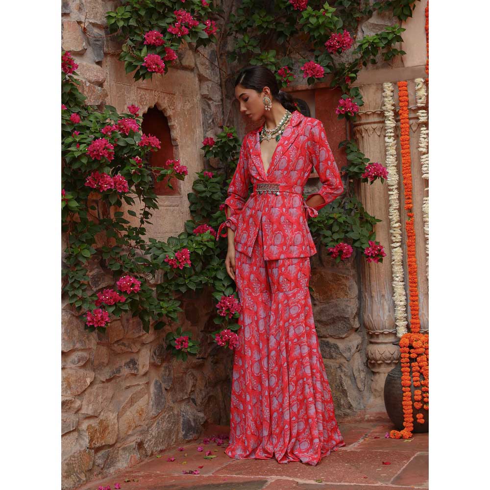 Gazab By Miku Kumar Red Carnation Sharara with Jacket and Belt (Set of 3)