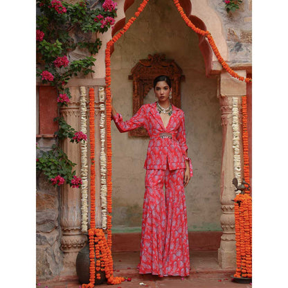 Gazab By Miku Kumar Red Carnation Sharara with Jacket and Belt (Set of 3)