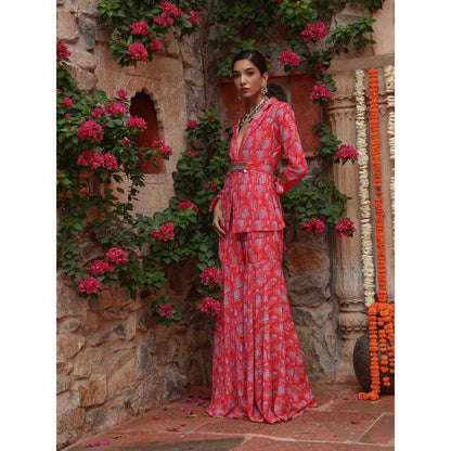 Gazab By Miku Kumar Red Carnation Sharara with Jacket and Belt (Set of 3)